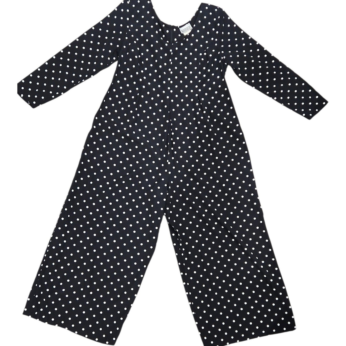 Lucille Golden Vintage, LLC black and white polka dot long sleeve wide-leg jumpsuit with back zipper closure