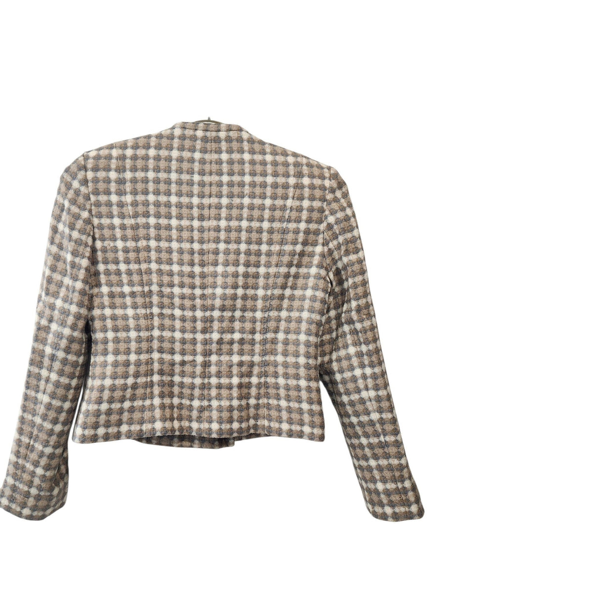 Back view of a Lucille Golden Vintage, LLC Rena Rowan collarless textured check blazer in beige, cream, and grey.