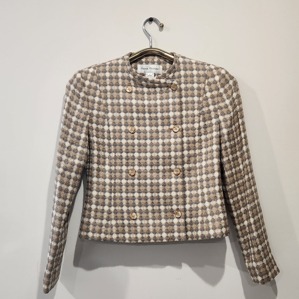 Lucille Golden Vintage, LLC Rena Rowan collarless double-breasted blazer in a beige, cream, and grey textured check.