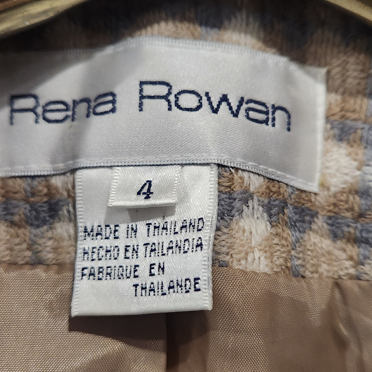 Lucille Golden Vintage, LLC Rena Rowan jacket label showing size 4 and Thailand origin on textured check fabric