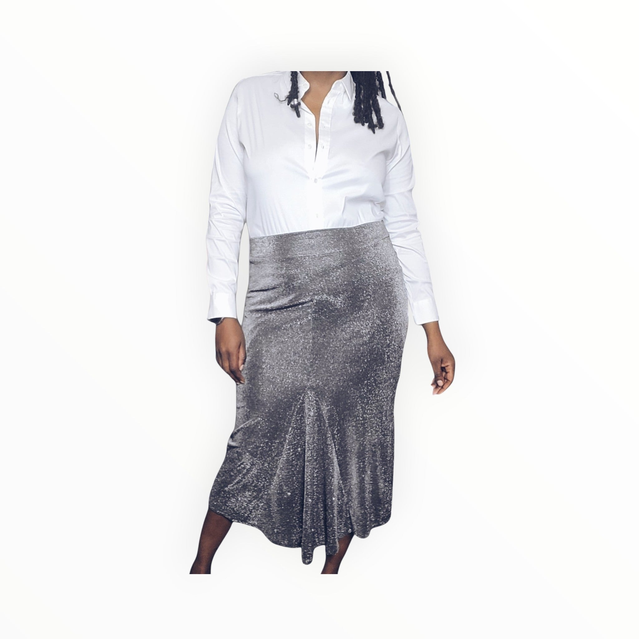 Lucille Golden Vintage, LLC silver metallic mermaid maxi skirt with rhinestone embellishments worn with a white shirt.