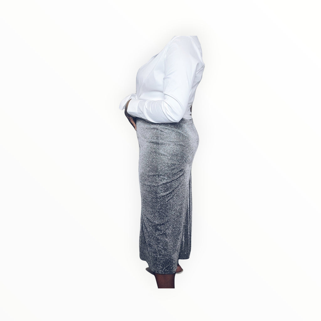 Lucille Golden Vintage, LLC silver metallic mermaid maxi skirt with rhinestone embellishments worn with a white shirt