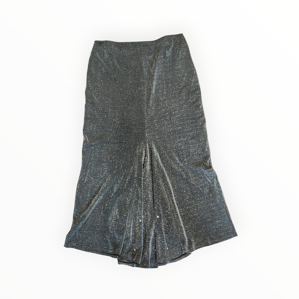 Lucille Golden Vintage, LLC 90s silver metallic mermaid maxi skirt with rhinestone embellishments and flared hem.