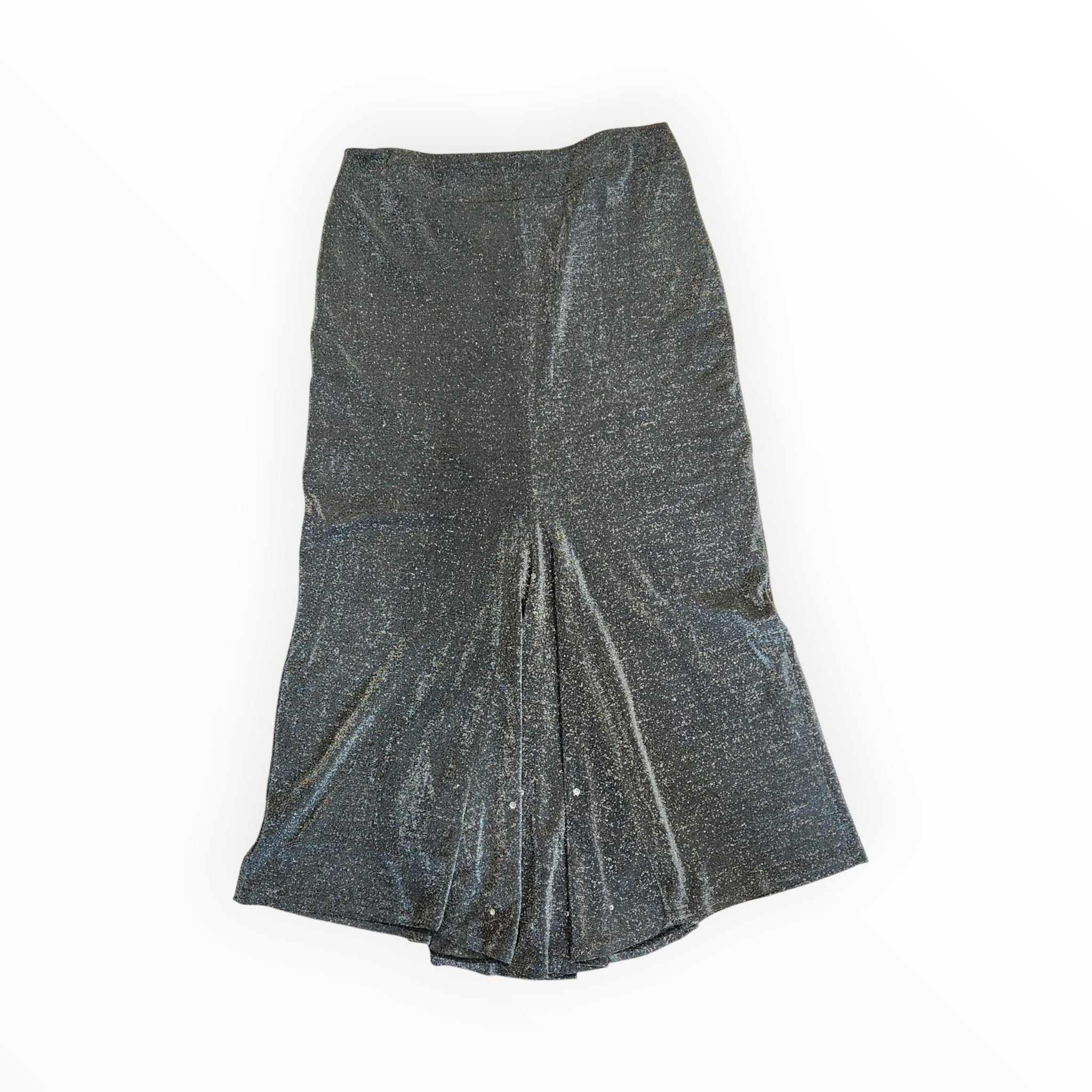 Lucille Golden Vintage, LLC 90s silver metallic mermaid maxi skirt with rhinestone embellishments and flared hem.