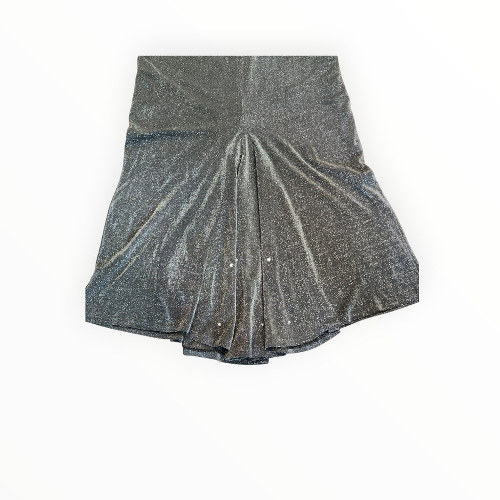Lucille Golden Vintage, LLC 90s silver metallic mermaid maxi skirt with rhinestone embellishments and flared hem