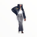 Lucille Golden Vintage, LLC model wearing a silver metallic mermaid maxi skirt with a black satin bomber jacket