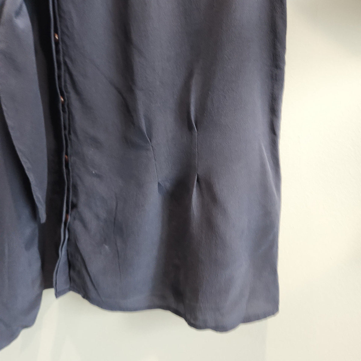 Lucille Golden Vintage, LLC slate-grey long sleeve blouse with tailored waist darts and fluid fabric drape