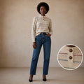 Lucille Golden Vintage, LLC cream wool sweater with horizontal stripes and a button-up mock neck worn with blue jeans