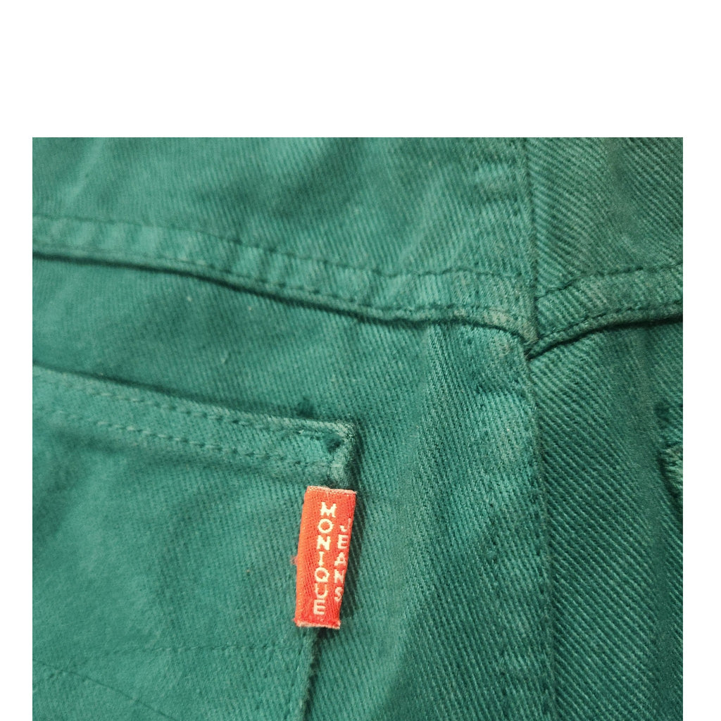Lucille Golden Vintage, LLC teal cotton denim shorts featuring a signature red Monique Jeans brand tab on the pocket
