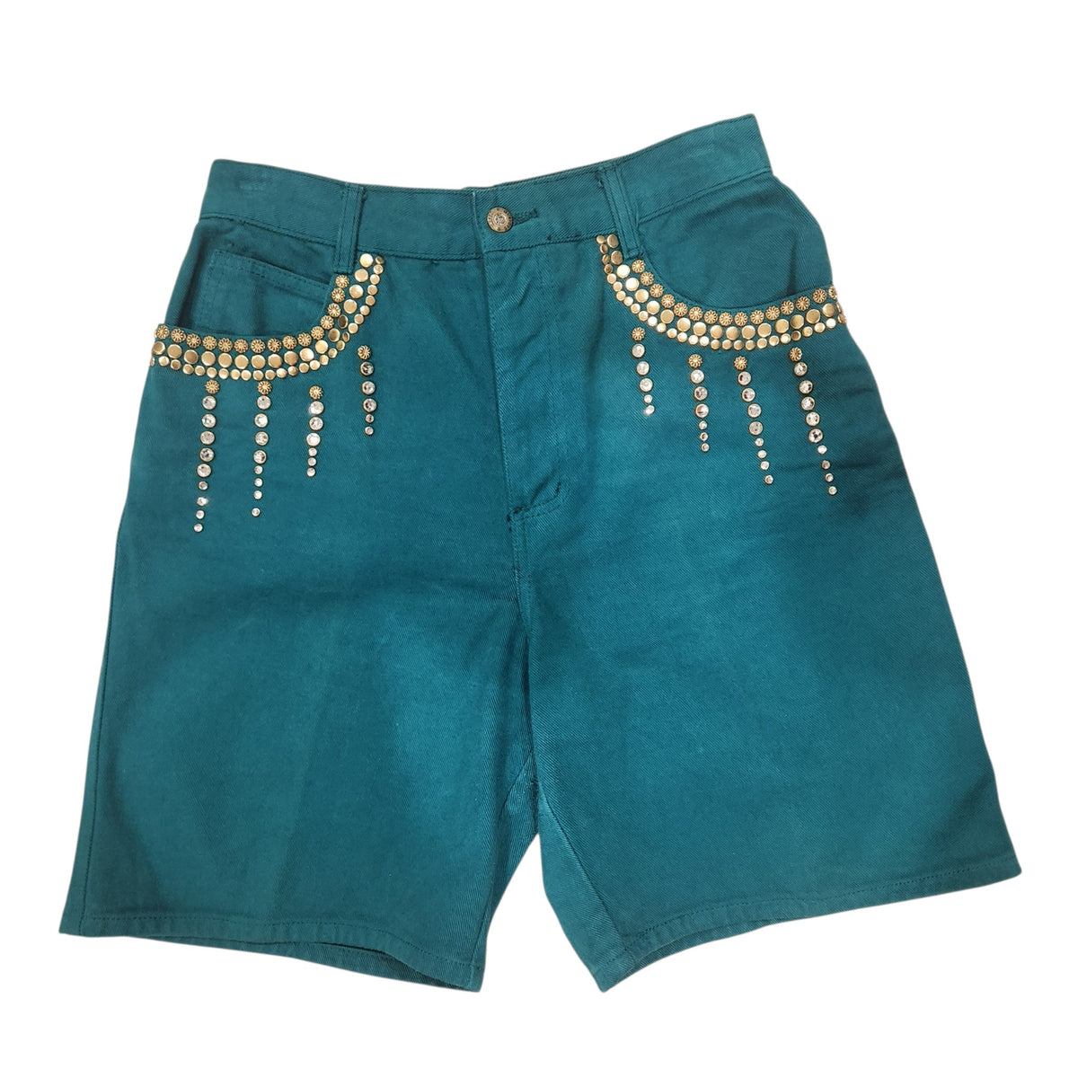 Lucille Golden Vintage, LLC teal cotton denim shorts with gold studs and rhinestone embellishments on front pockets.