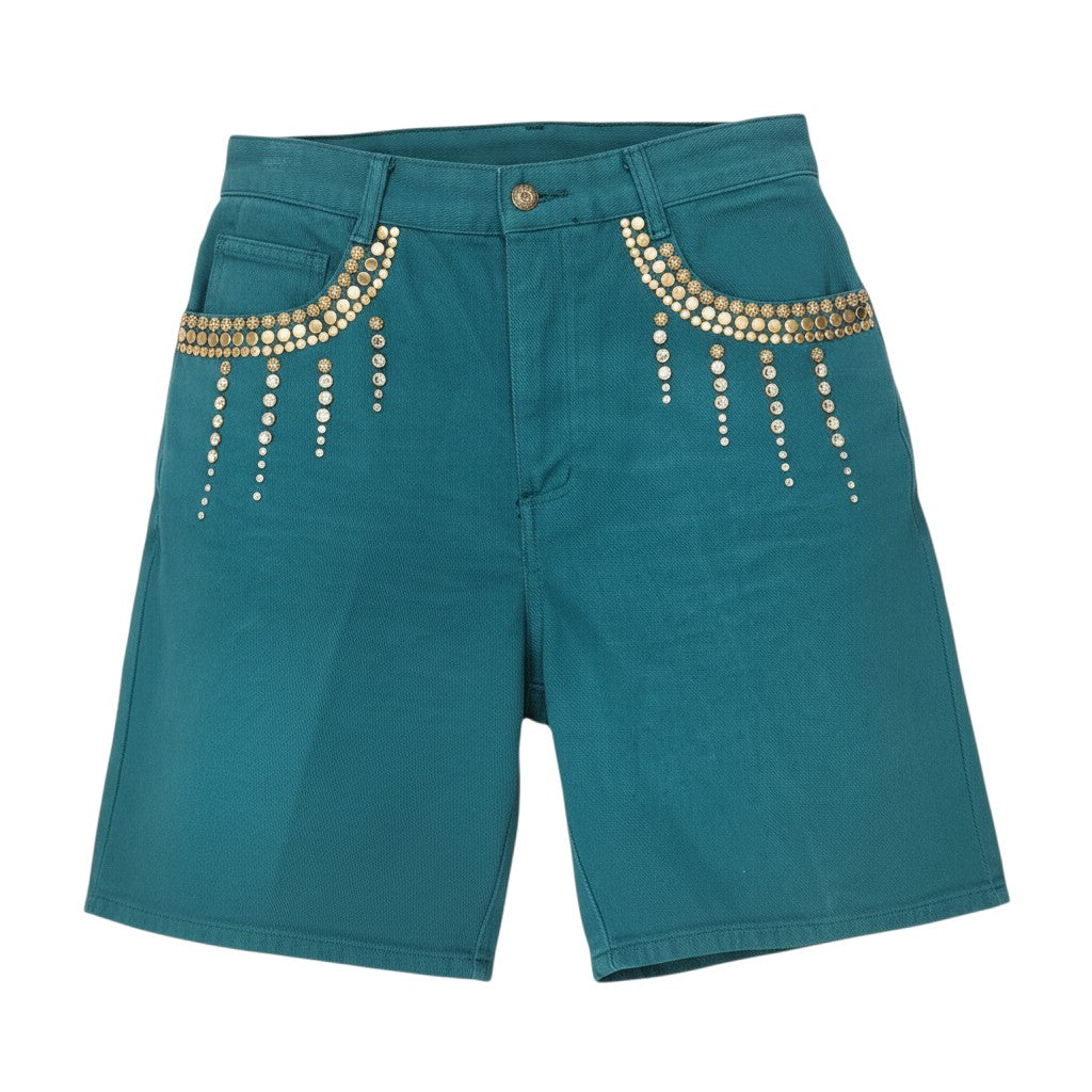 Lucille Golden Vintage, LLC teal cotton denim shorts with gold stud and rhinestone embellishments on front pockets.