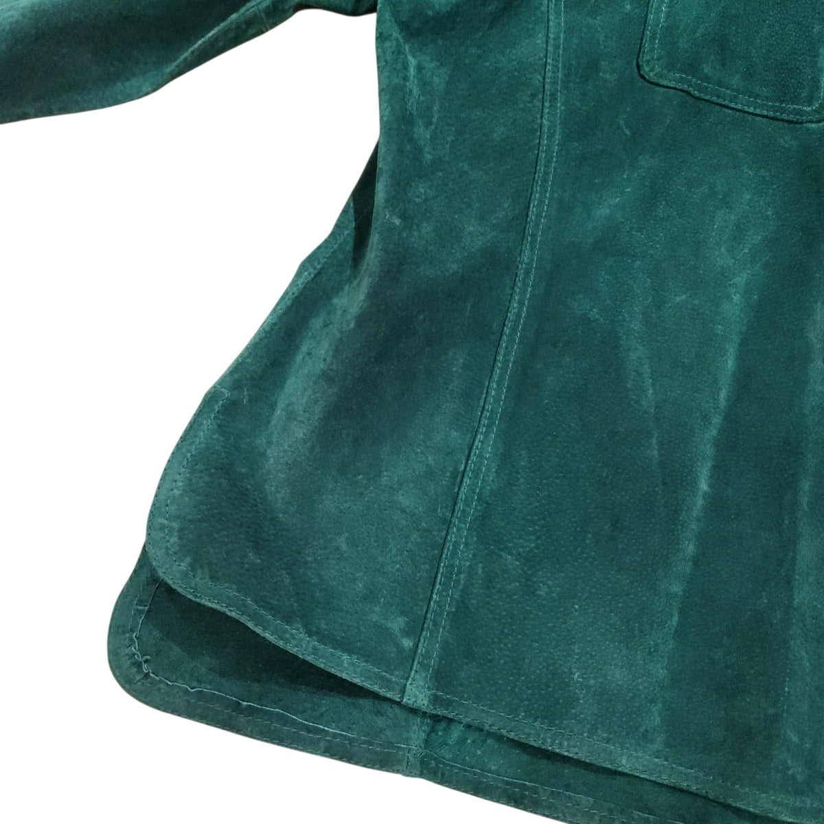 Lucille Golden Vintage, LLC teal genuine suede button-front jacket with visible stitching and chest pocket detail.