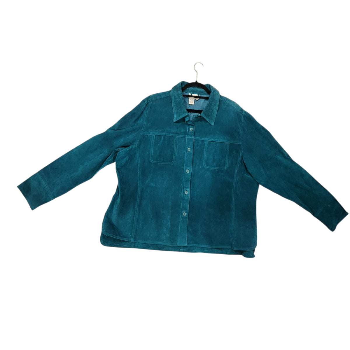 Lucille Golden Vintage, LLC teal genuine suede button-front shirt-jacket with chest pockets and a classic collar.