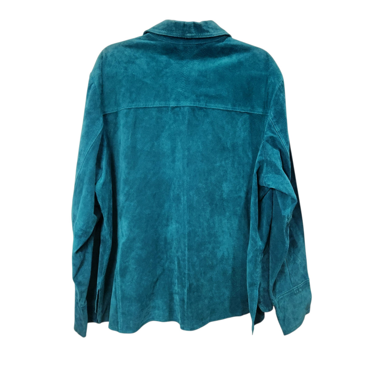 Back view of a Lucille Golden Vintage, LLC teal genuine suede button-front jacket with a classic collar.