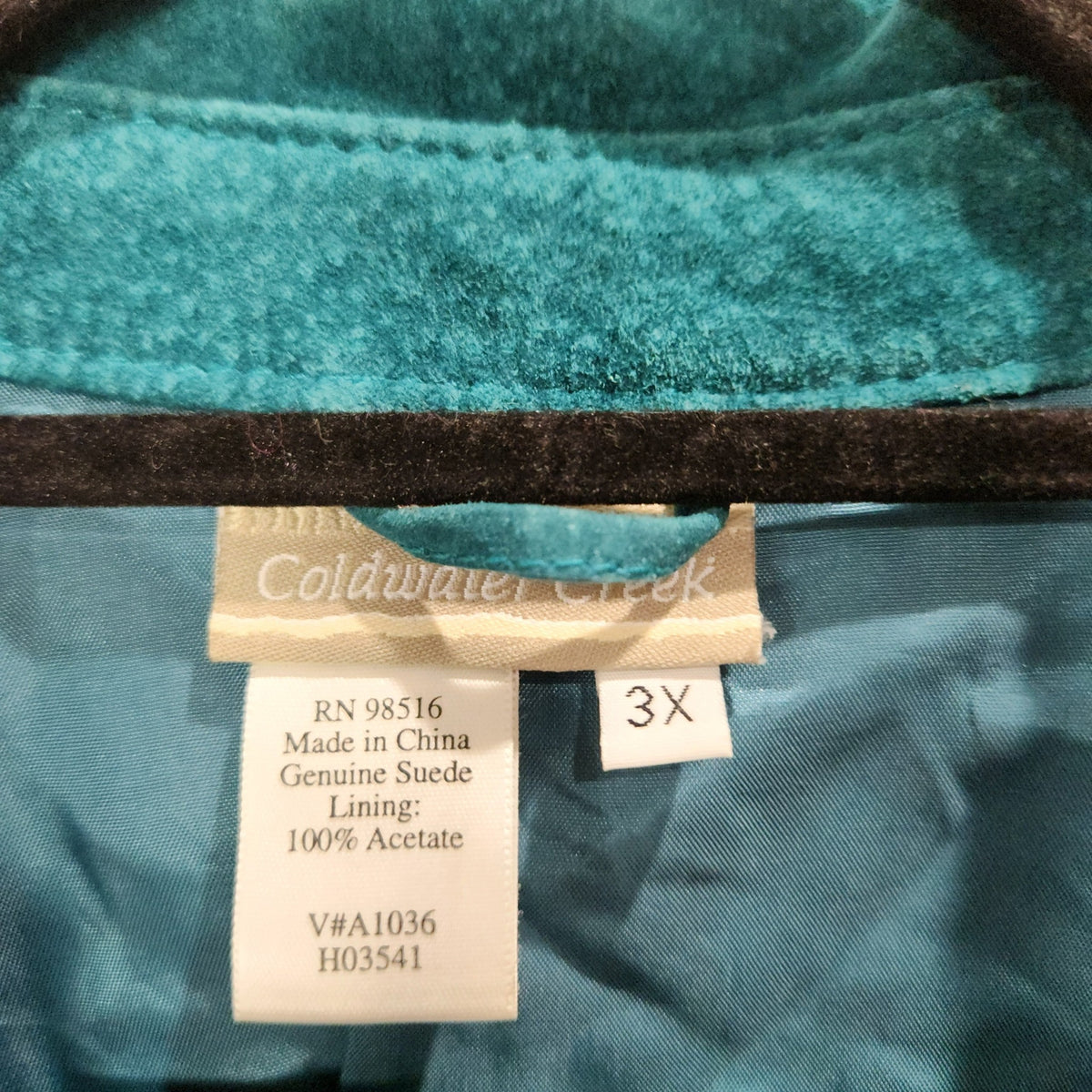 Lucille Golden Vintage, LLC Coldwater Creek teal suede jacket label showing size 3X and material composition