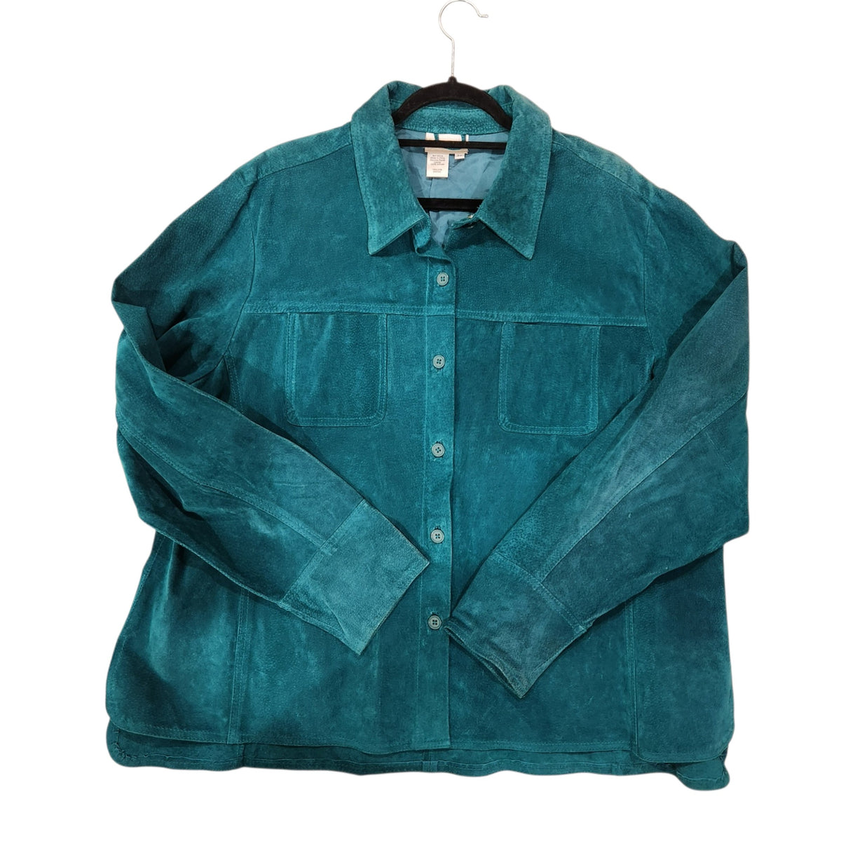 Lucille Golden Vintage, LLC teal genuine suede button-front shirt-jacket with chest pockets and a classic collar.