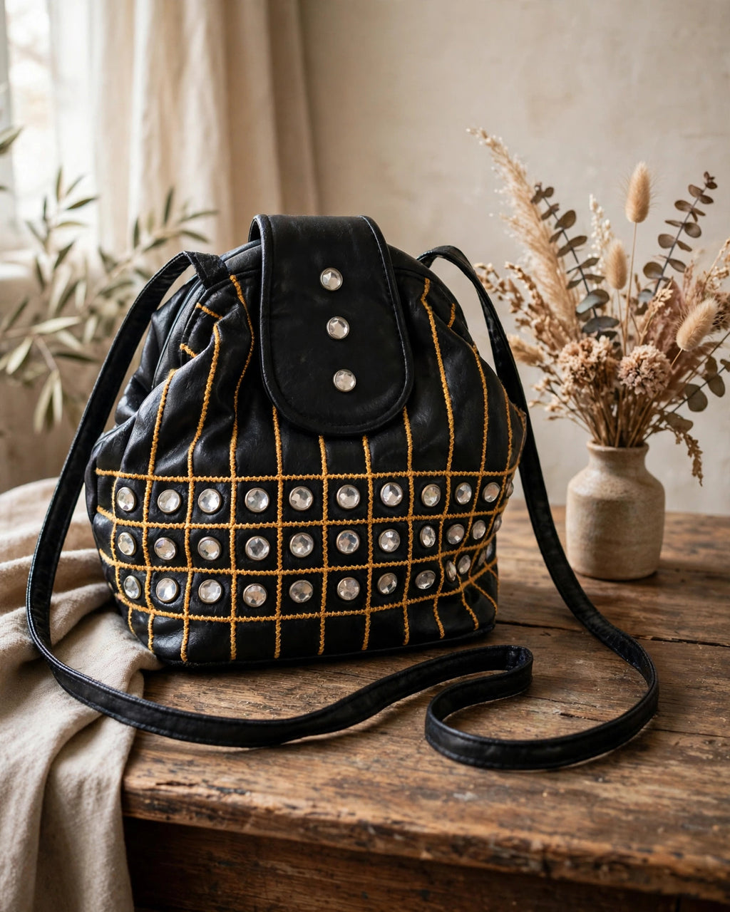Black embellished bucket shoulder bag styled on a wooden table beside a vase of dried flowers