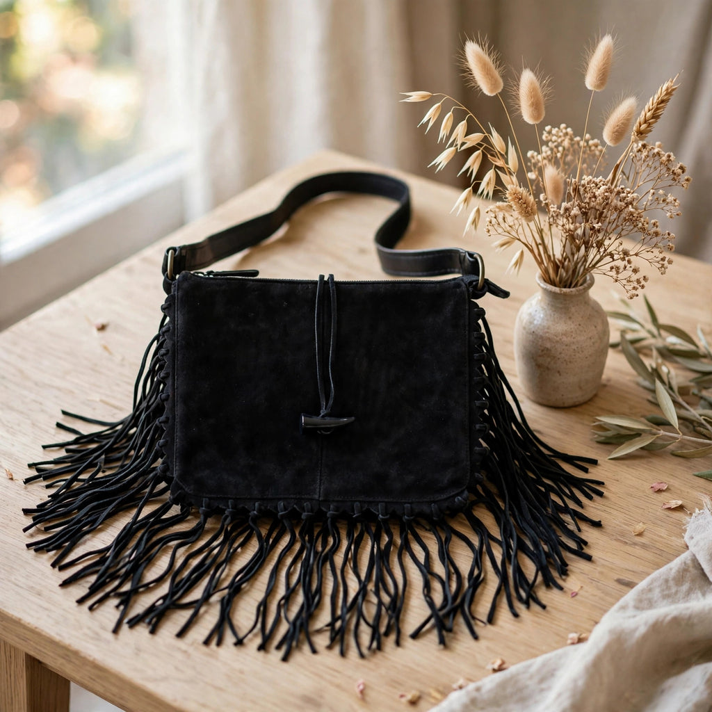 Vintage EGO black suede fringe shoulder bag styled on a wooden table beside a vase of dried flowers