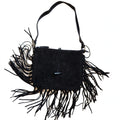 Vintage EGO black suede fringe shoulder bag on a white background, front view, fringe spread, leather toggle closure