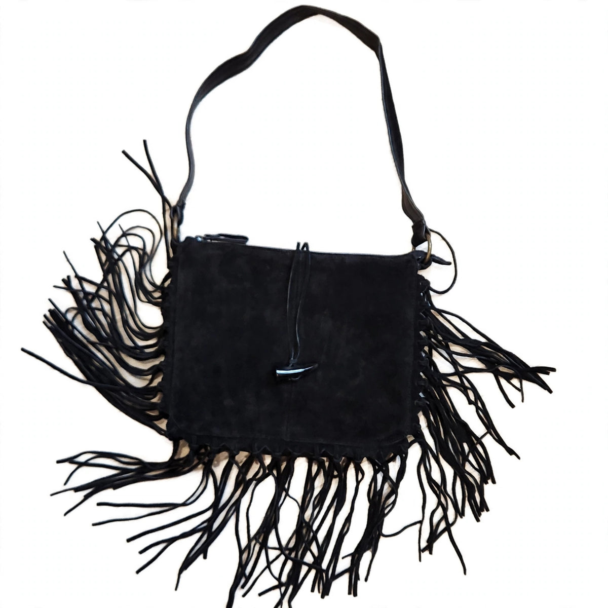 Vintage EGO black suede fringe shoulder bag on a white background, front view, fringe spread, leather toggle closure