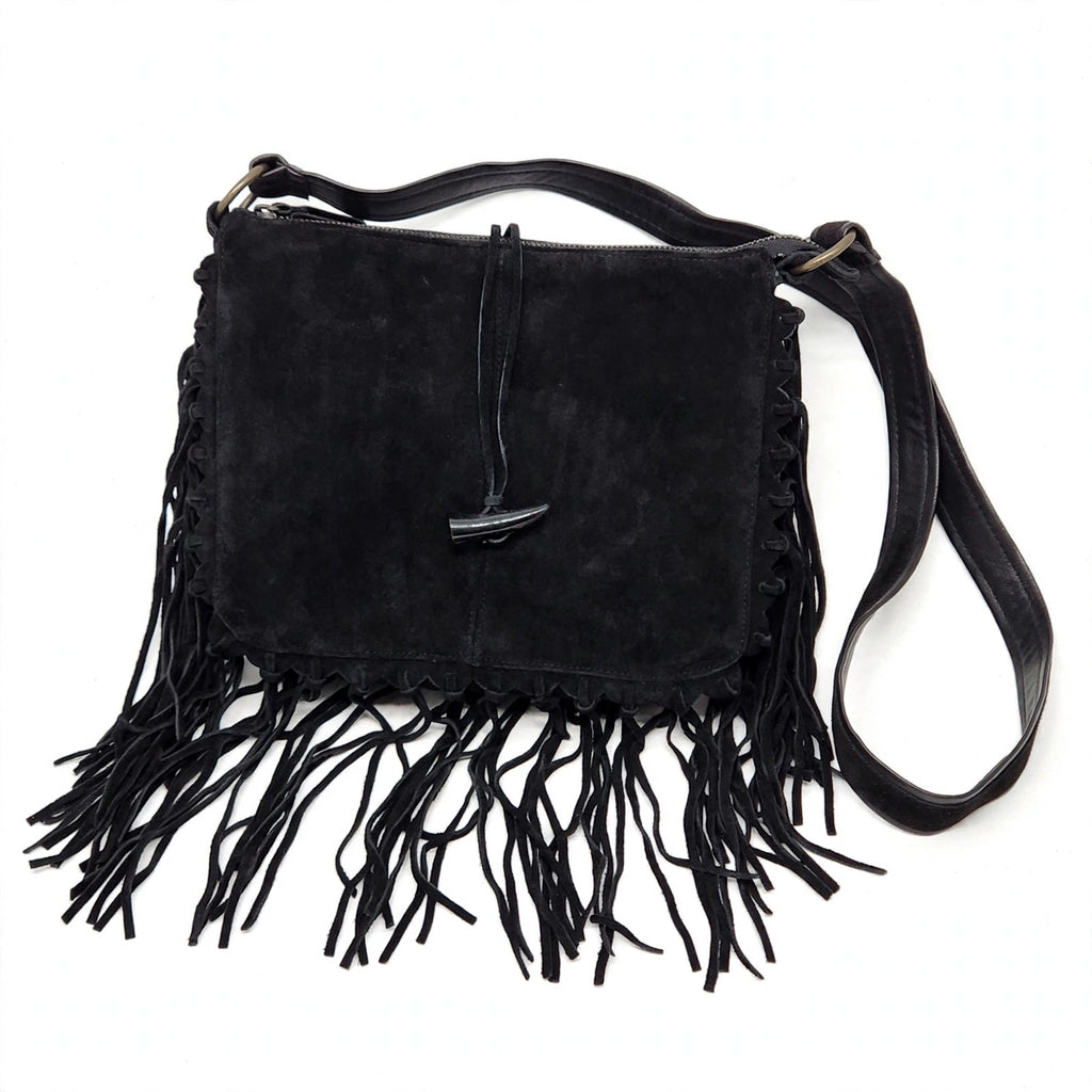 Vintage EGO black suede fringe shoulder bag on a white background, angled front view showing suede texture and fringe