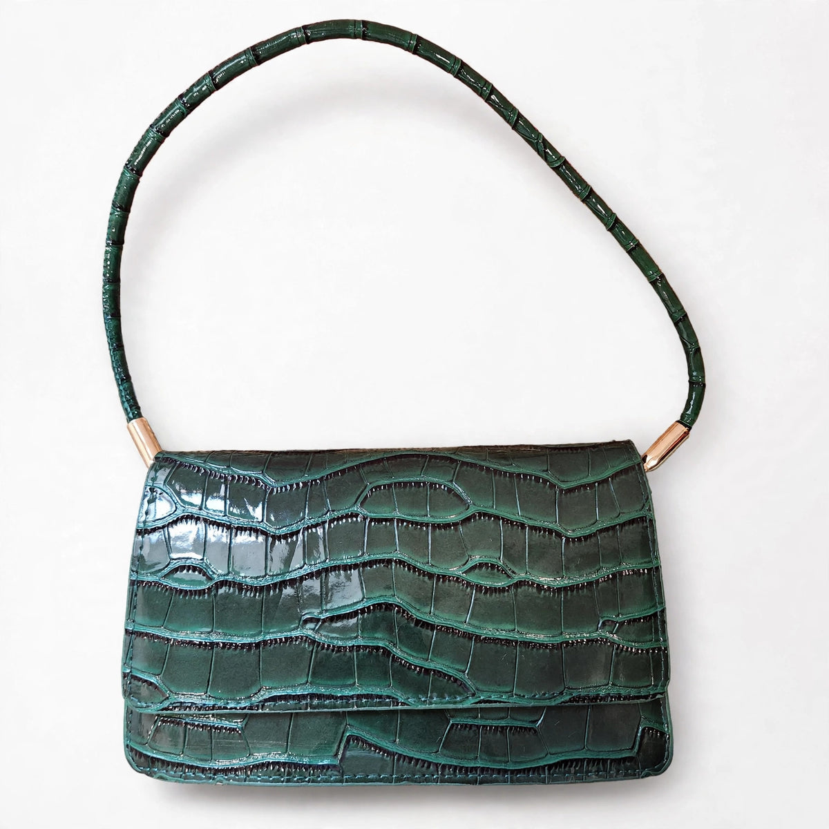 Forest green croc-embossed structured shoulder bag, front view with matching segmented shoulder strap, on a white background