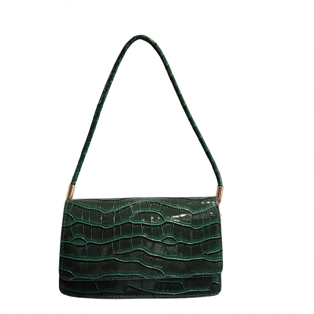 Forest green croc-embossed structured shoulder bag hanging, front view with shoulder strap extended, on a white background
