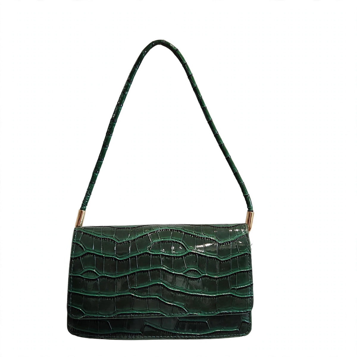 Forest green croc-embossed structured shoulder bag hanging, front view with shoulder strap extended, on a white background