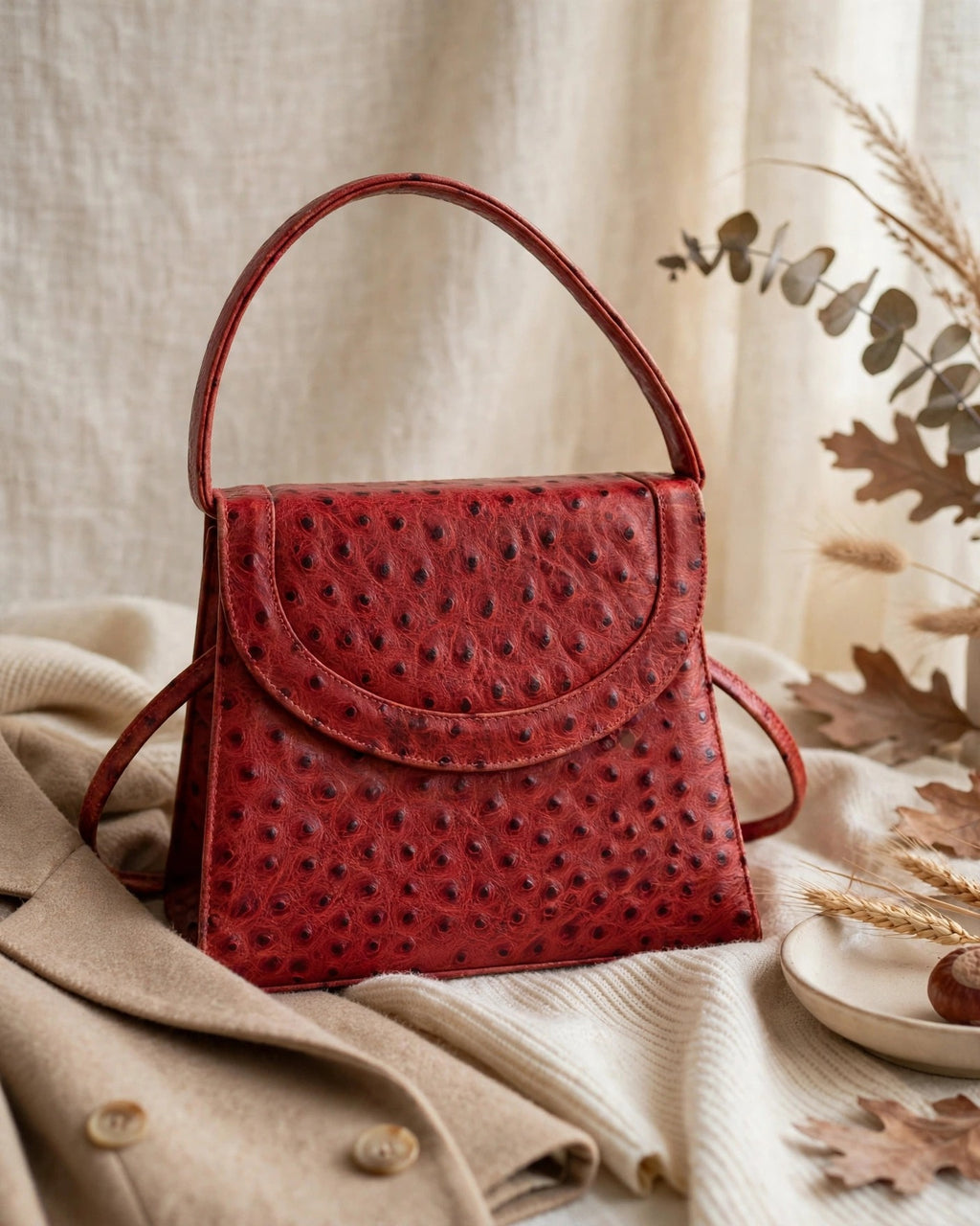 Editorial lifestyle shot of vintage Mike's Collection red ostrich-embossed leather mini handbag in a warm ivory setting with neutral tailoring and fall textures