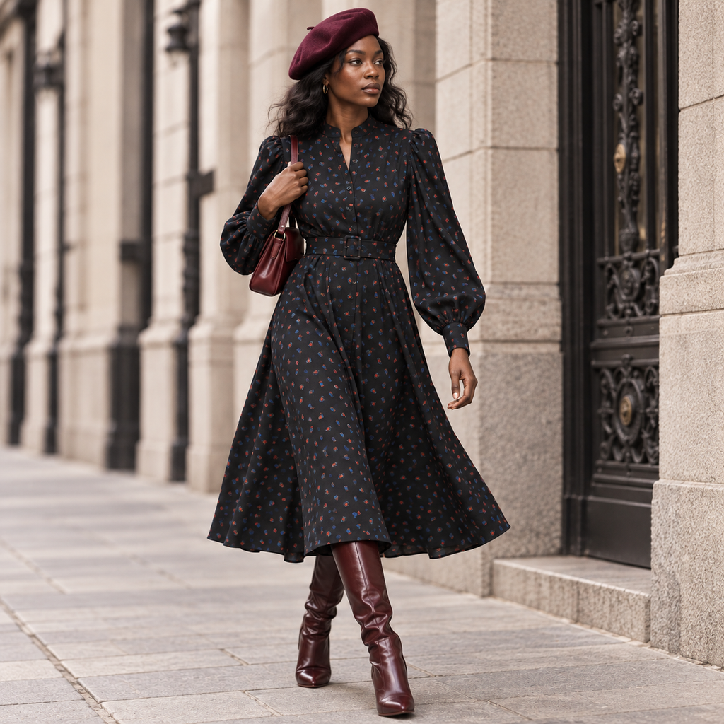 Vintage Long Sleeve Button Front Midi Dress