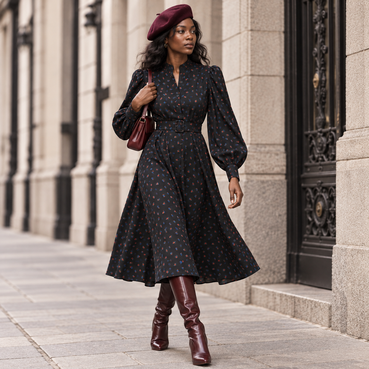 Vintage Long Sleeve Button Front Midi Dress