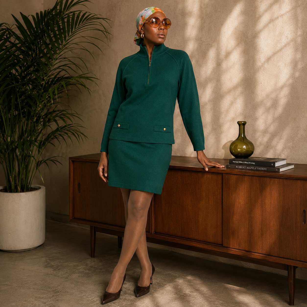 Late 1970s–Early 1980s Vintage Green Wool Two-Piece Set size 44