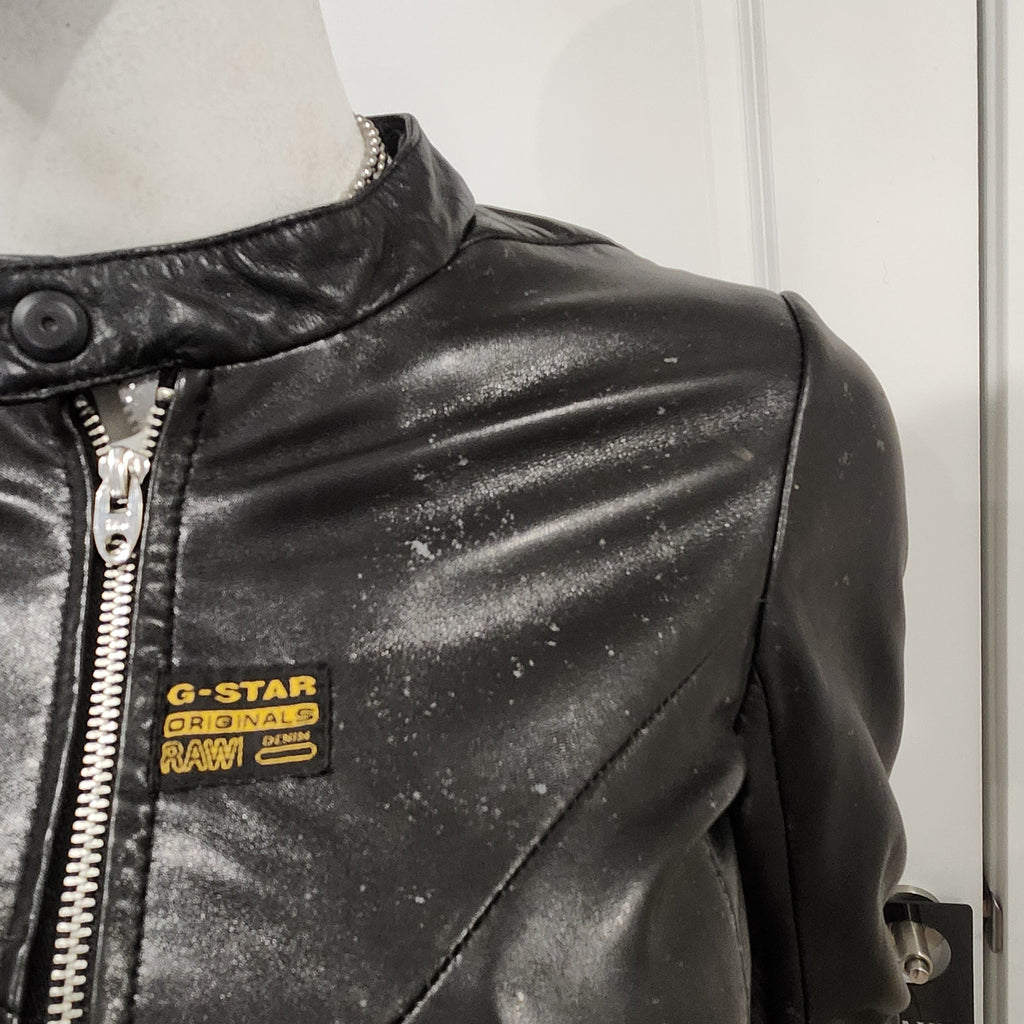 G-Star Raw Black Leather Moto Jacket – Fitted Minimalist Zip Style | Size XS