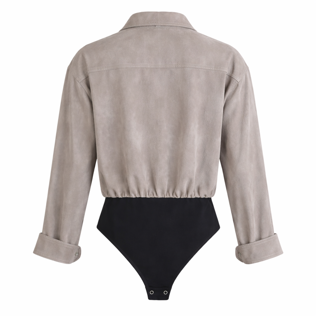 Vintage Lew Magram Black Suede Shirt Bodysuit – 90s Minimalist Button Down Size L