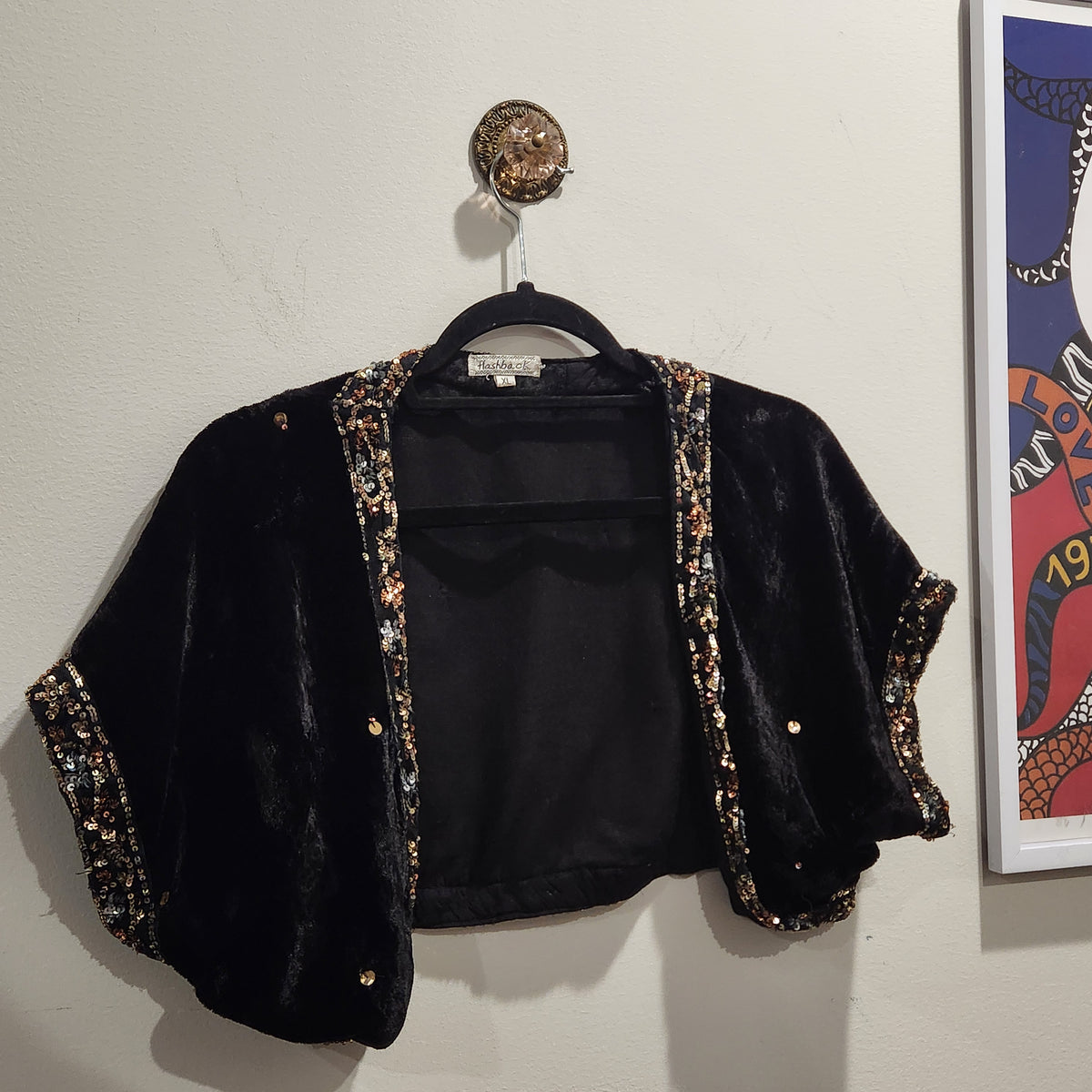 Flashback Black Velvet Sequin-Trim Cropped Evening Jacket XL