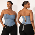 90s Vintage Denim Corset Bustier | Strapless Lace Up Back Denim Top | Size M