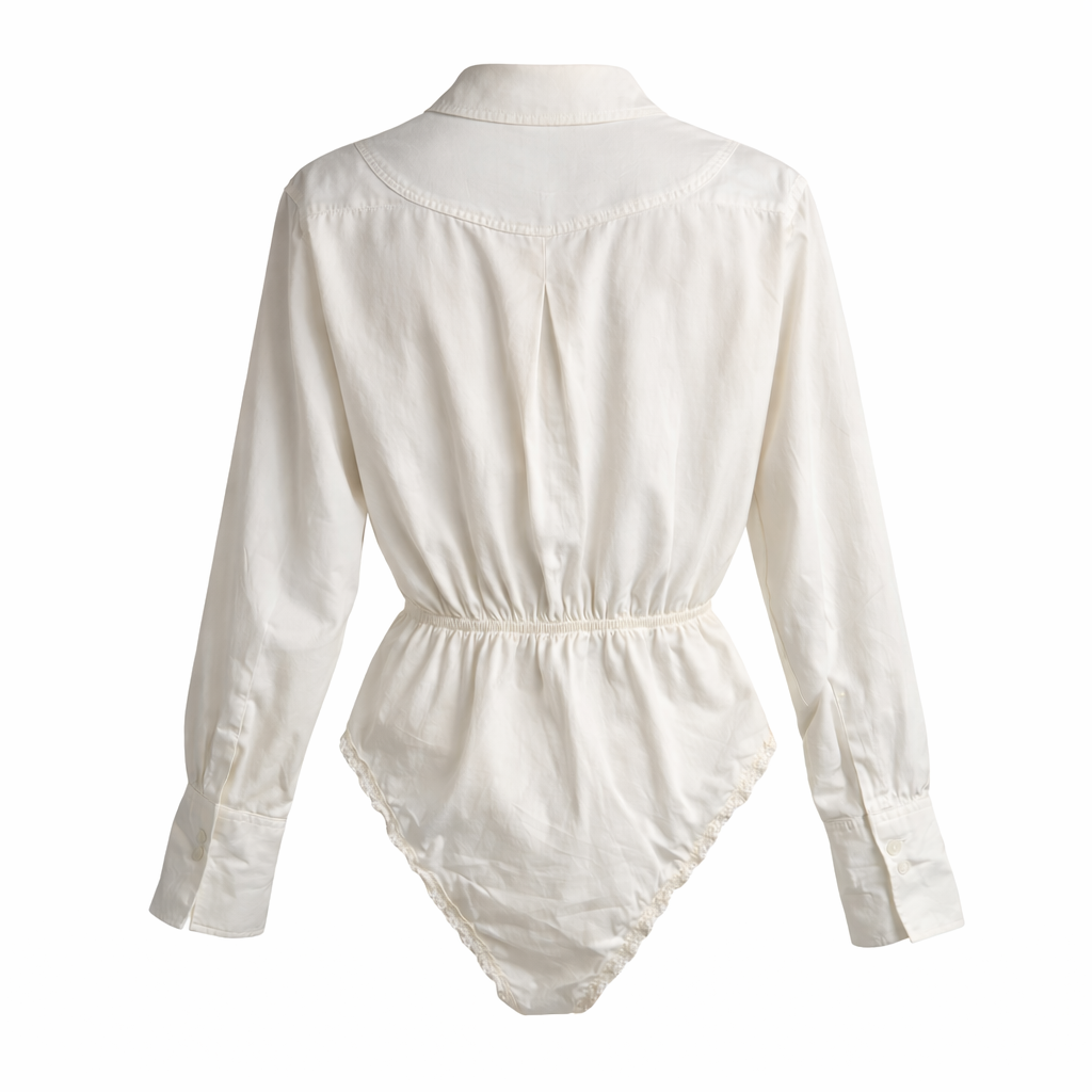 Vintage Donna Karan White Cotton Shirt Bodysuit — Tailored Blouse | 90s Minimalist Designer  Size 10