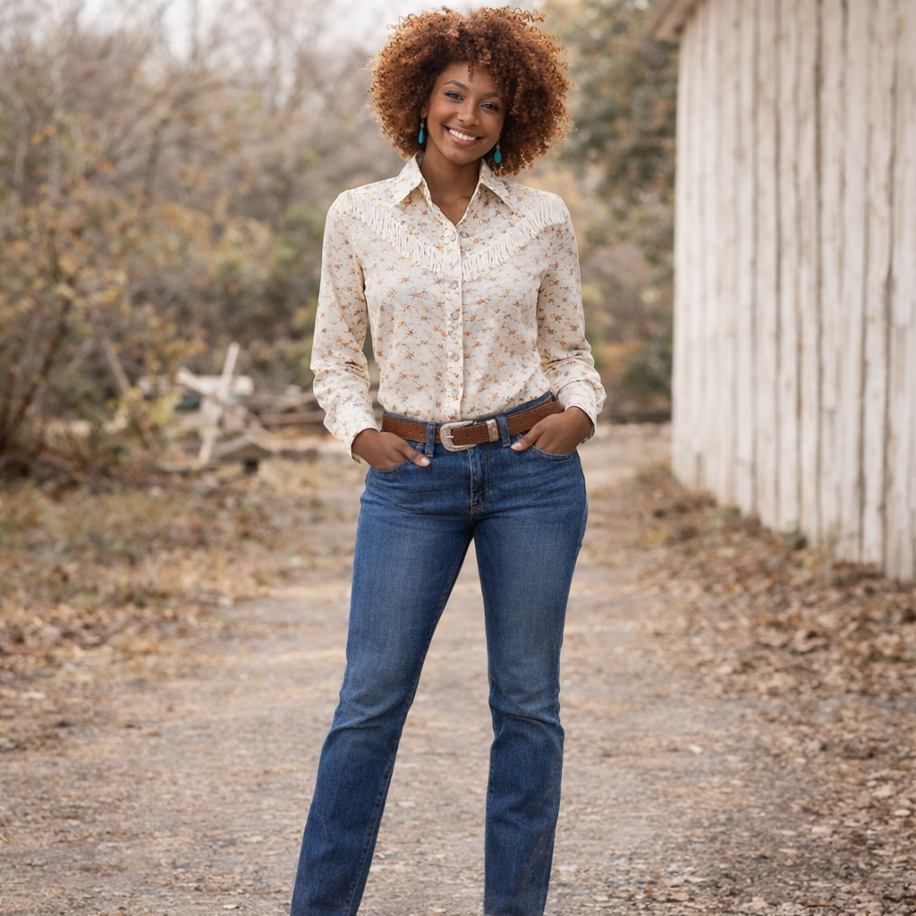 Vintage Wrangler Western Shirt 70s Floral Fringe Snap Boho Cowgirl Prairie Blouse Made USA – Women’s S