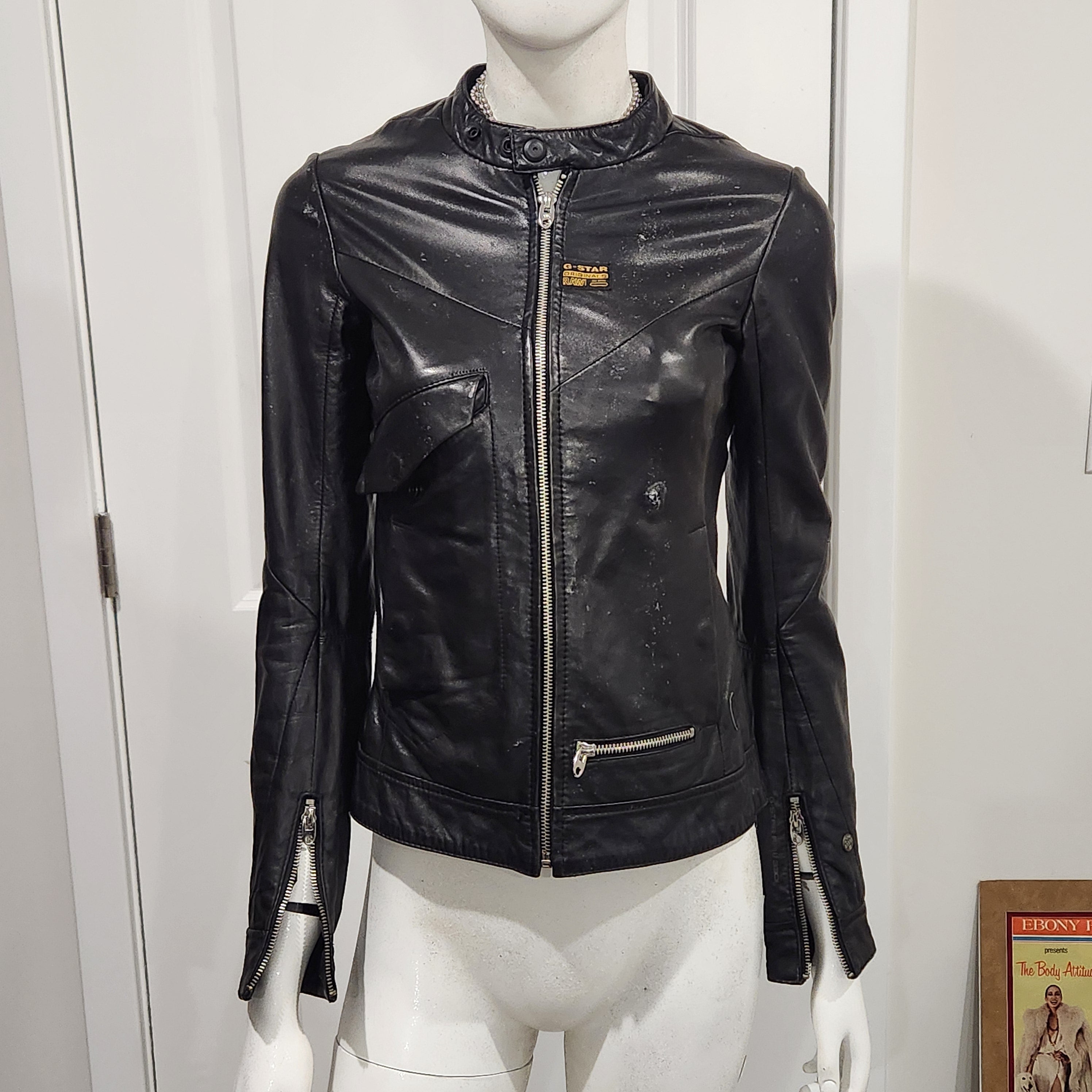 G-Star Raw Black Leather Moto Jacket – Fitted Minimalist Zip Style | Size XS