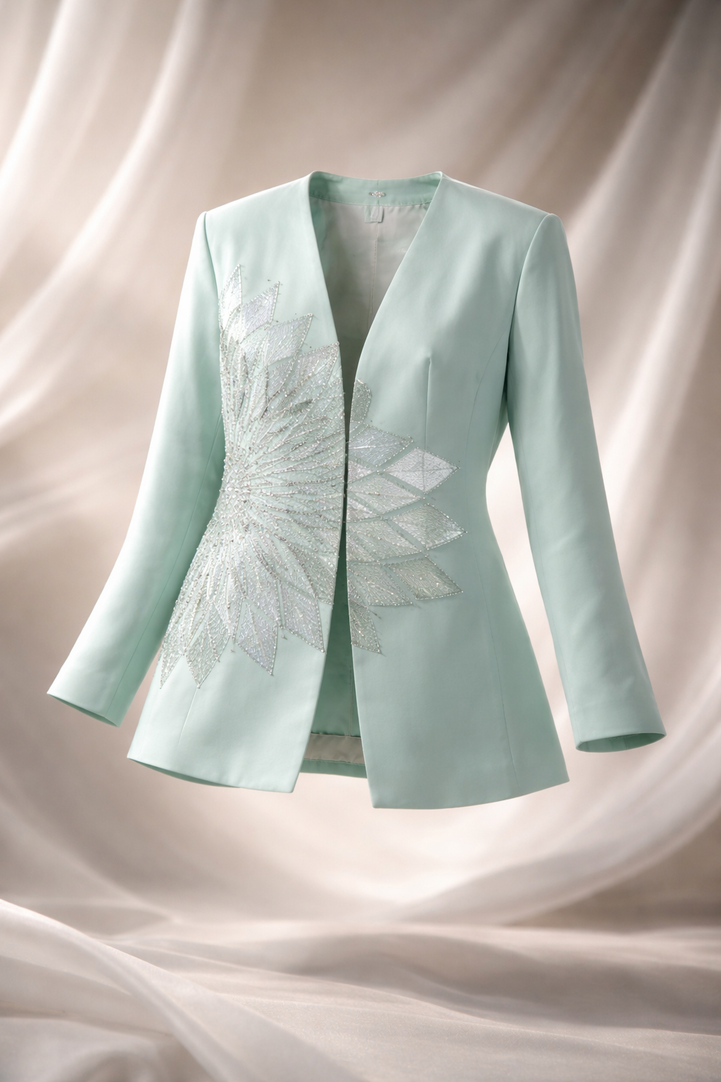 Vintage Mariella Ferretti Mint Embellished Evening Jacket – Beaded Geometric Art-Deco Blazer