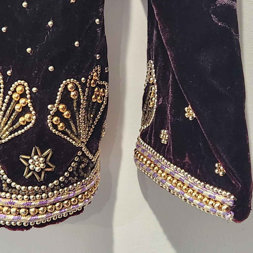 Vintage Black Cherry Velvet Beaded Evening Jacket | Gold Embroidery