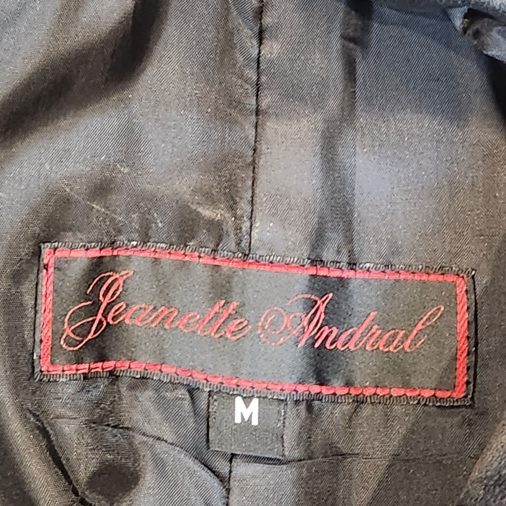 Jeannette Andrall Vintage Black Leather A-Line Coat with Attached Fringed Scarf