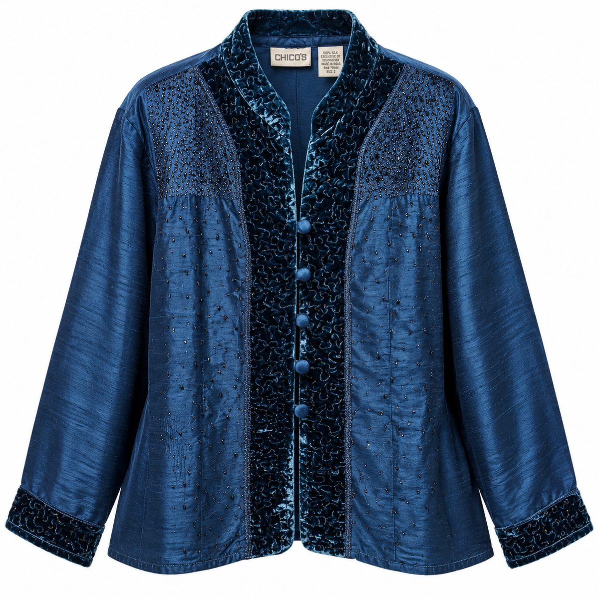 Chico's Blue 100% Silk Beaded Velvet-Trim Jacket Size 2