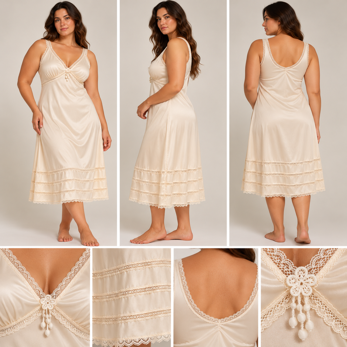 Vintage Sears Ivory Lace-Trimmed Nylon Full Slip Dress | 1970s