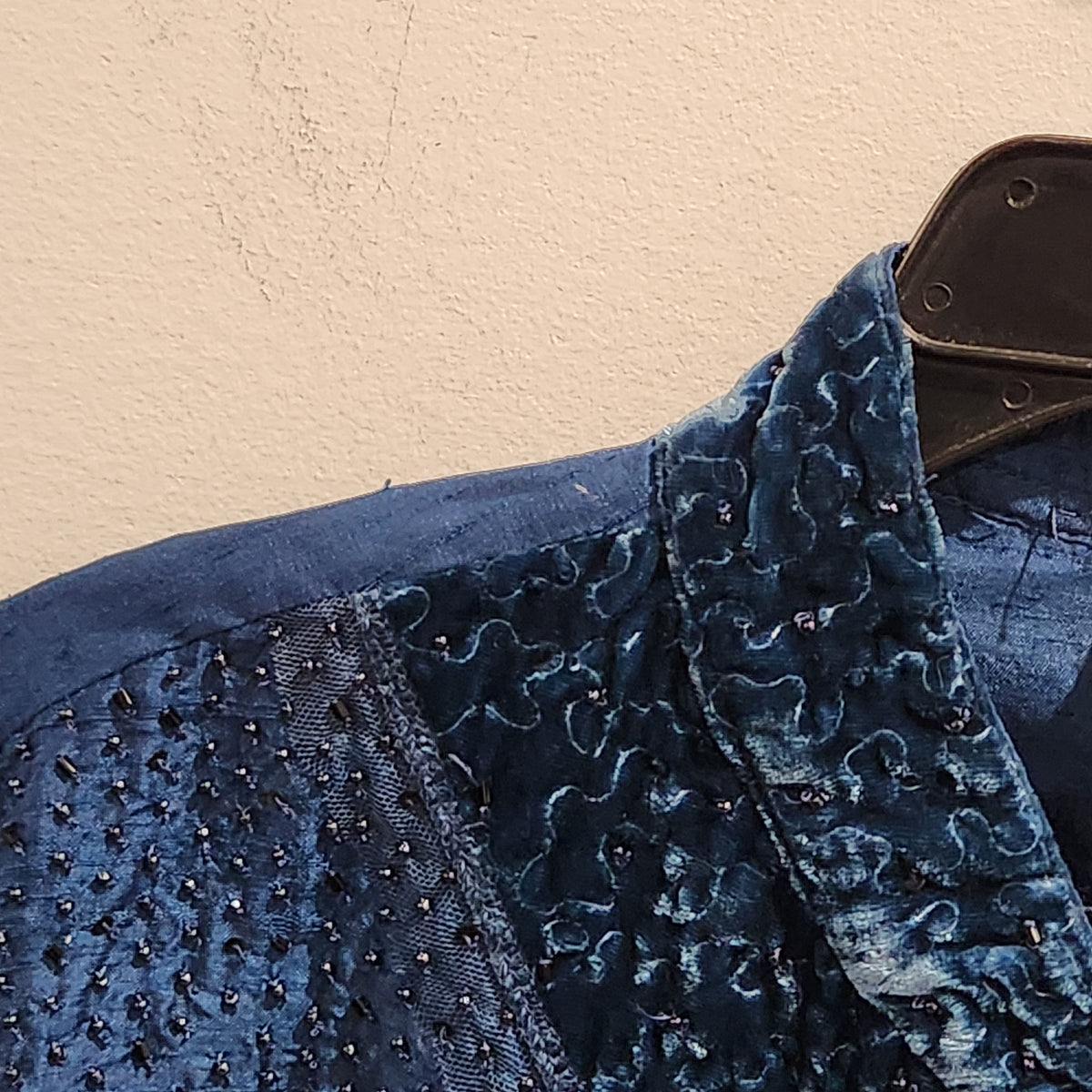 Chico's Blue 100% Silk Beaded Velvet-Trim Jacket Size 2