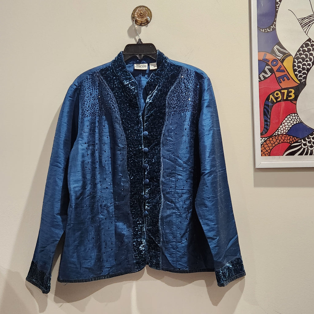 Chico's Blue 100% Silk Beaded Velvet-Trim Jacket Size 2