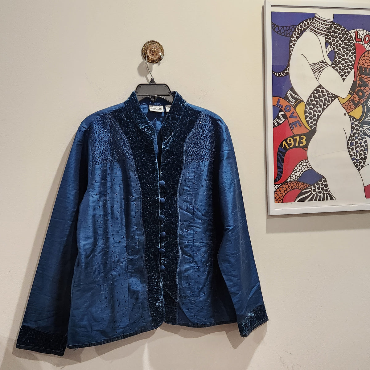 Chico's Blue 100% Silk Beaded Velvet-Trim Jacket Size 2
