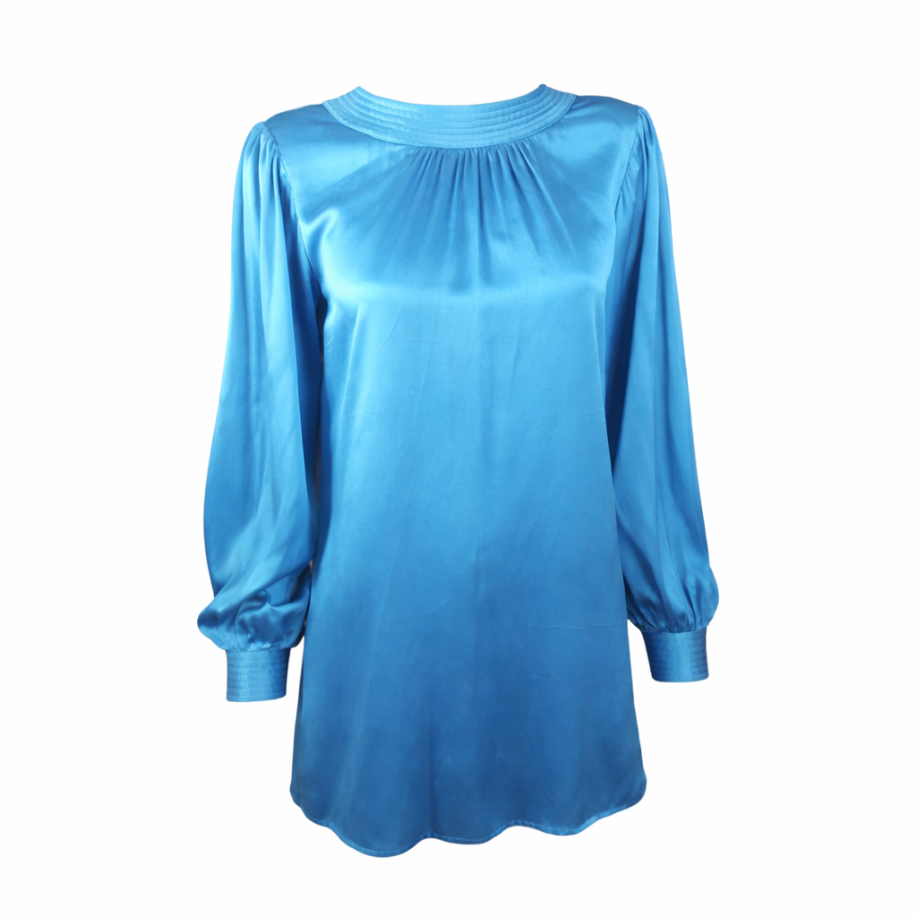 Vintage Pierre Cardin Silk Blouse – Electric Blue Bishop Sleeve Tunic – Paris New York Boutique Size M