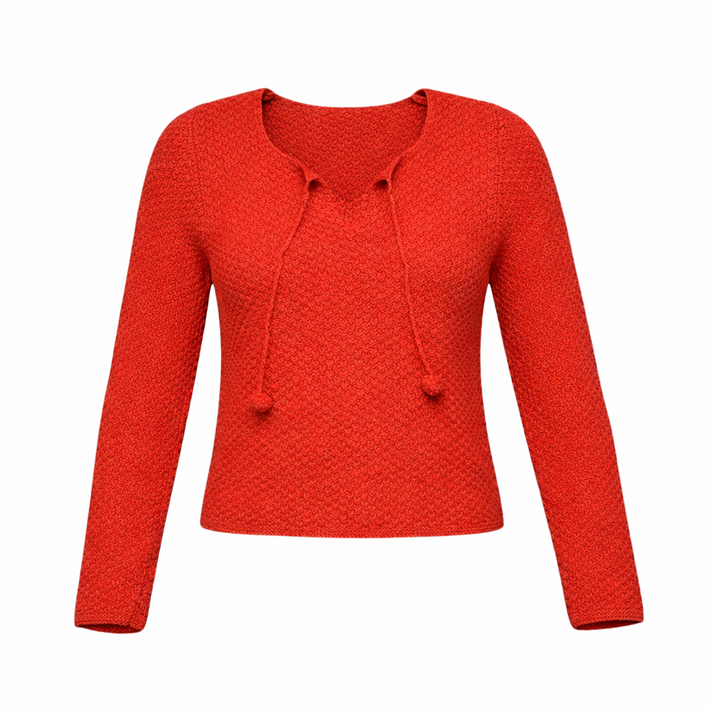 1960s Vintage Hand Made Crochet Red Knit Sweater, Keyhole Size M