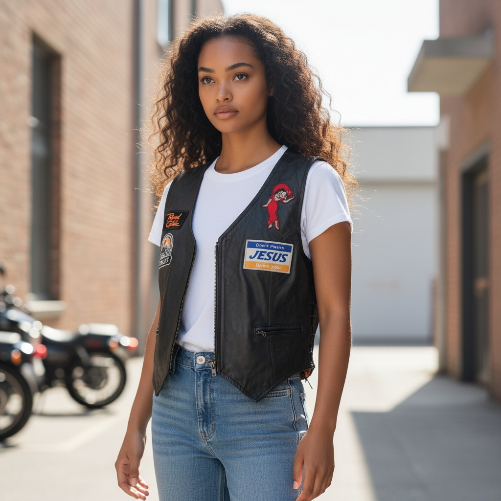 Vintage Black Leather Motcorcycle Club Riding Vest Black Betty Boop, Harley Davidson Patches Size L